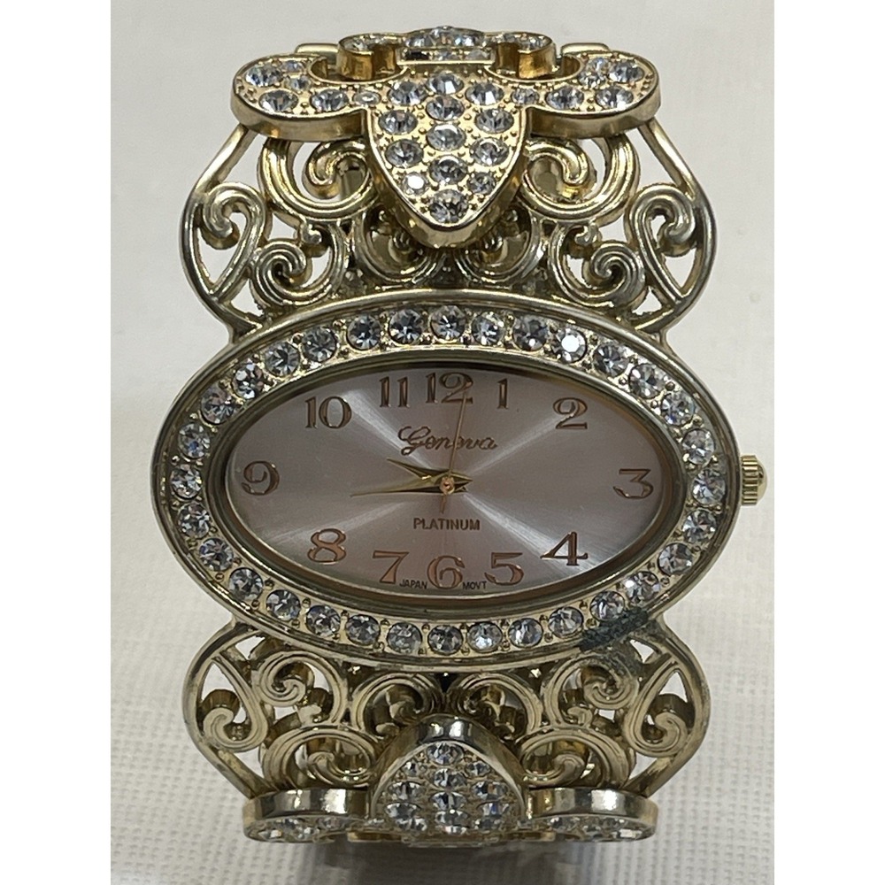 Geneva Platinum Womens Watch Gold Tone Crystal Cuff Bracelet Quartz Untested